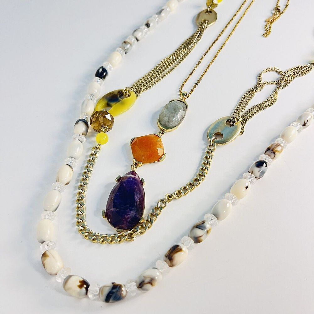 Lot Of 3 Ann Taylor Loft Long Necklace Gray‎ White Green Purple Orange